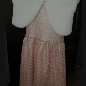 Elegant Pink Dress with White Fur Shawl